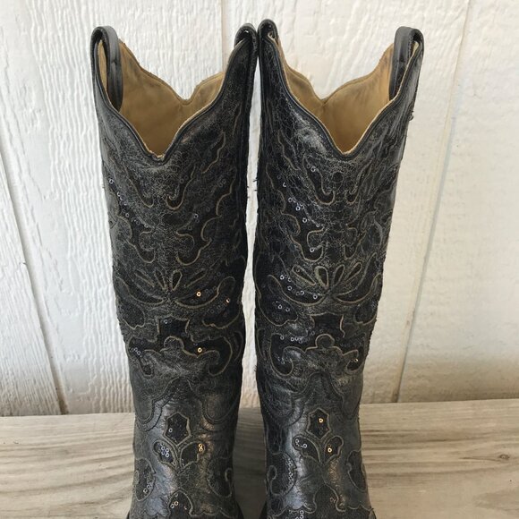 Corral Black Sequins Womens Goat Leather Cowboy Western Boots 6.5 M A1070 - Picture 10 of 13